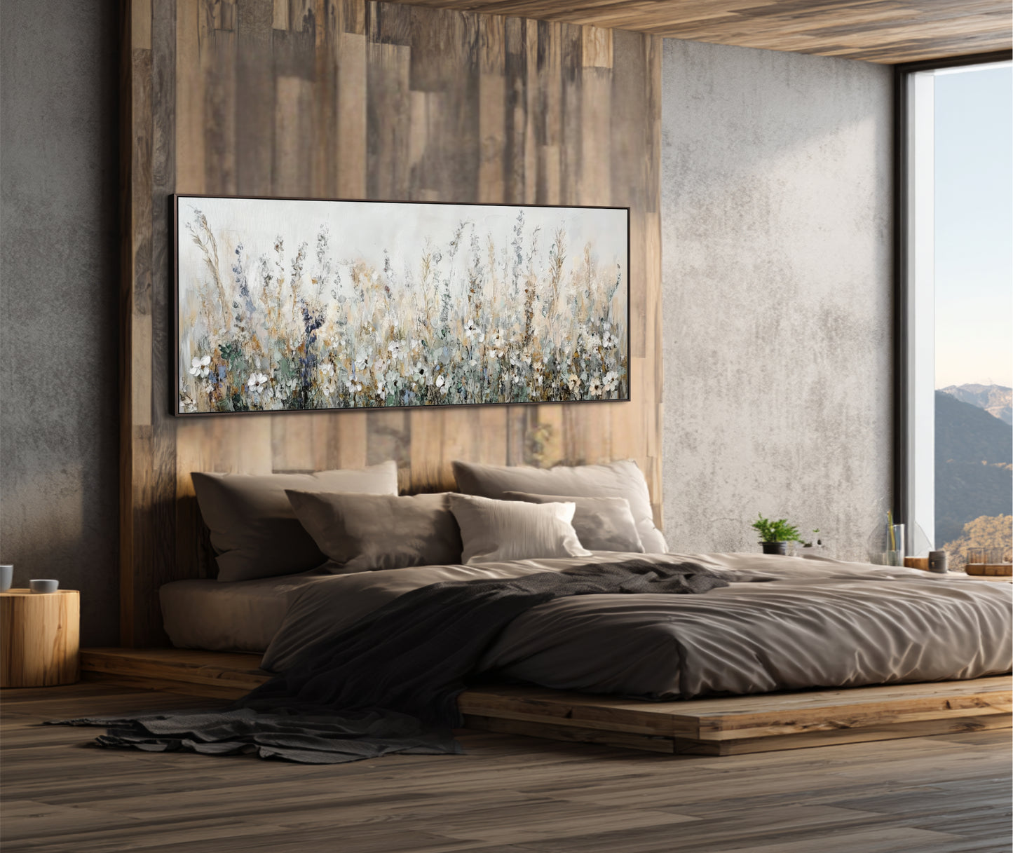 a serene and modern bedroom with a large bed, wooden headboard, and a wooden wall panel. The room has a minimalist and clean design, with a large window providing natural light and a view of the outdoors.
