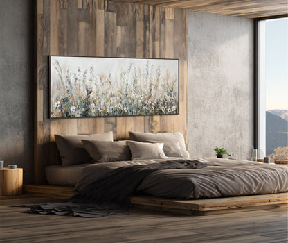 a serene and modern bedroom with a large bed, wooden headboard, and a wooden wall panel. The room has a minimalist and clean design, with a large window providing natural light and a view of the outdoors.