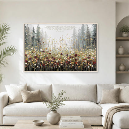 a large, framed painting of a field of flowers hanging on a wall above a white couch in a living room.