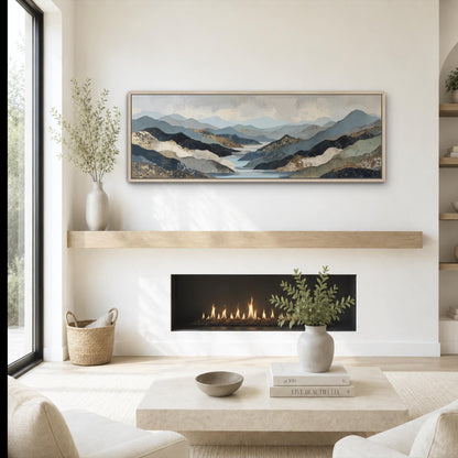 a cozy living room with a fireplace, a coffee table, and a painting of a mountain landscape hanging on the wall above the fireplace.