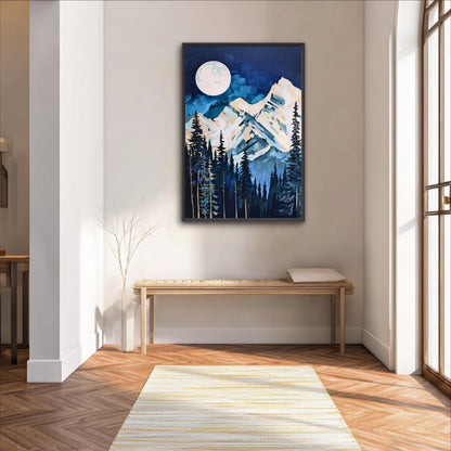 a serene indoor setting with a large painting of a mountain landscape hanging on the wall, depicting a full moon over a snowy mountain range. In front of the painting, there is a wooden bench, and a vase is placed on the floor next to the bench. The room has a wooden floor and white walls, creating a calm and peaceful atmosphere.