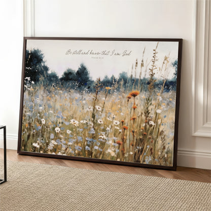 The image is a framed painting depicting a field of wildflowers, with a text overlay that reads "Be still and know that I am God" from Psalm 46:10.