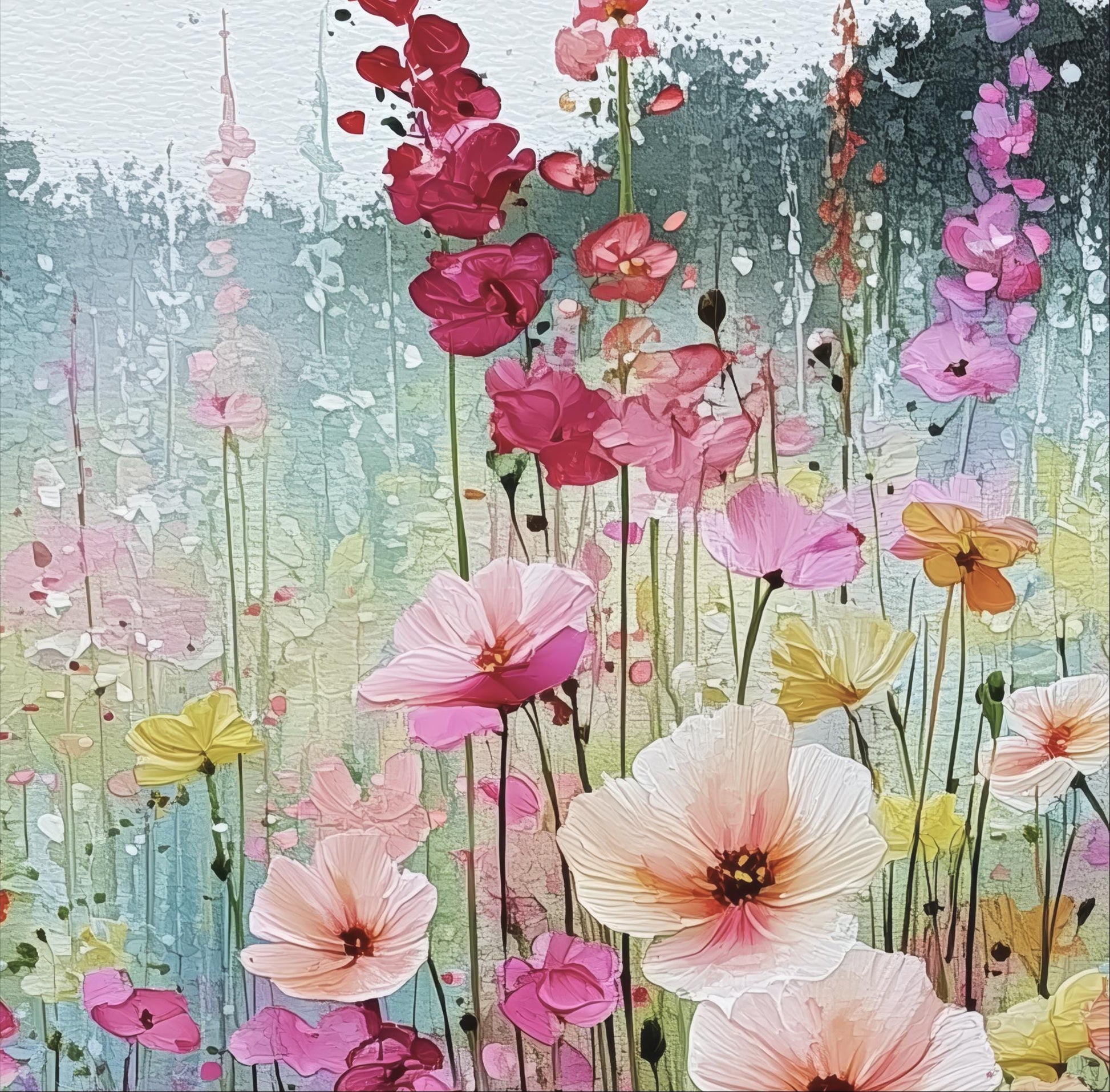 The image is a vibrant and colorful painting of a field filled with a variety of flowers, including pink, yellow, and red blooms.