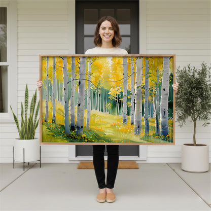 A woman stands in front of a white house, holding a large framed painting of a forest with yellow trees and green grass.