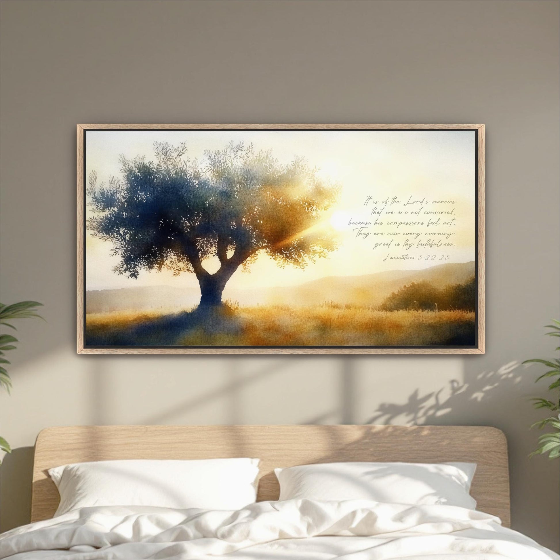 a serene landscape with a large tree in the foreground, its branches reaching towards the sky, and a warm, golden glow from the sun shining through the leaves. The background is a picturesque field with rolling hills and a distant mountain range. The text overlay on the image reads "It is of the Lord's mercy that his name is not consumed because his name is not consumed, and he is no longer unfaithful. They are as happy as they are faithful."