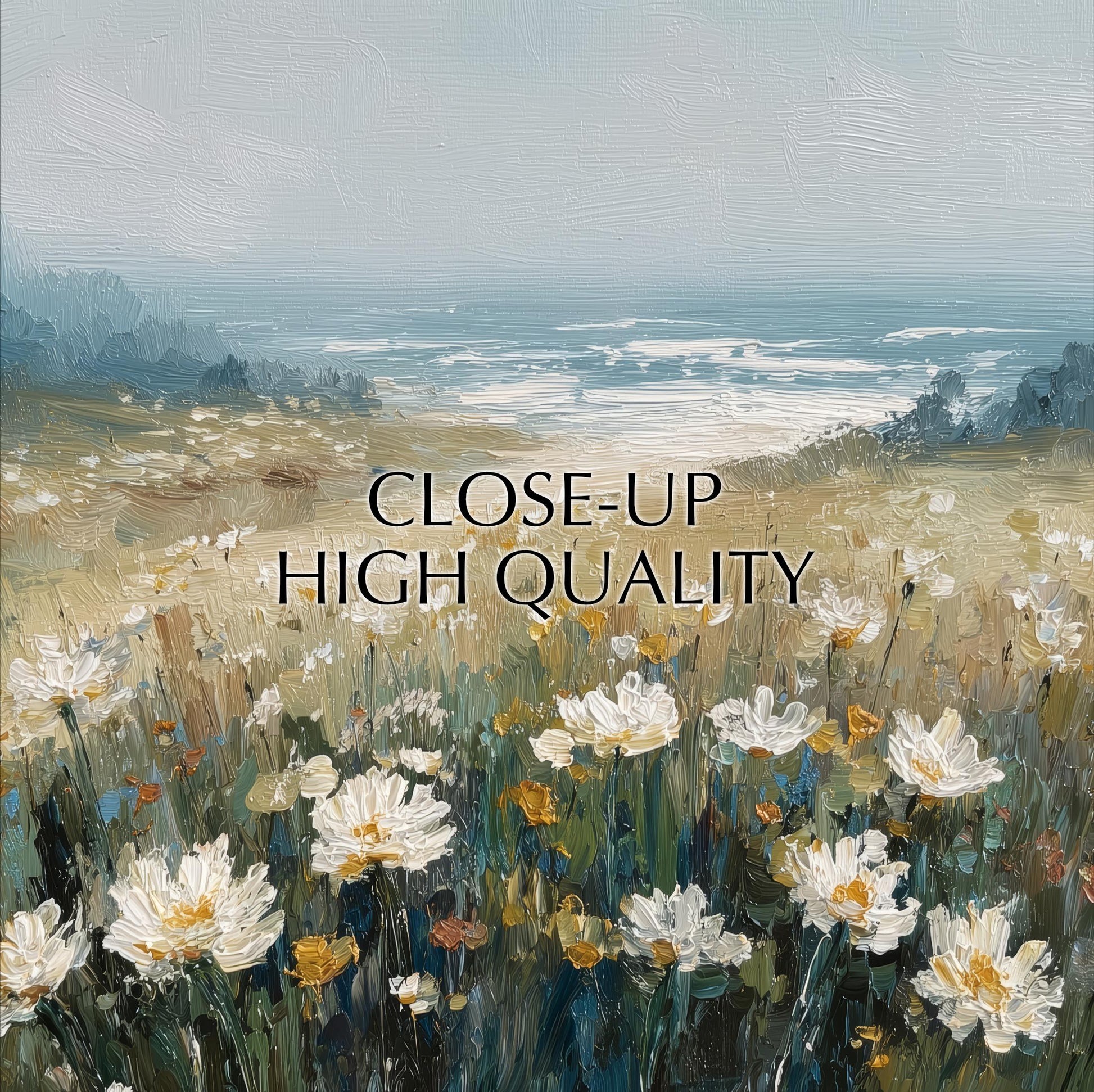 a field of white flowers with a body of water in the background, and the text "CLOSE-UP HIGH QUALITY" overlaid on the image.
