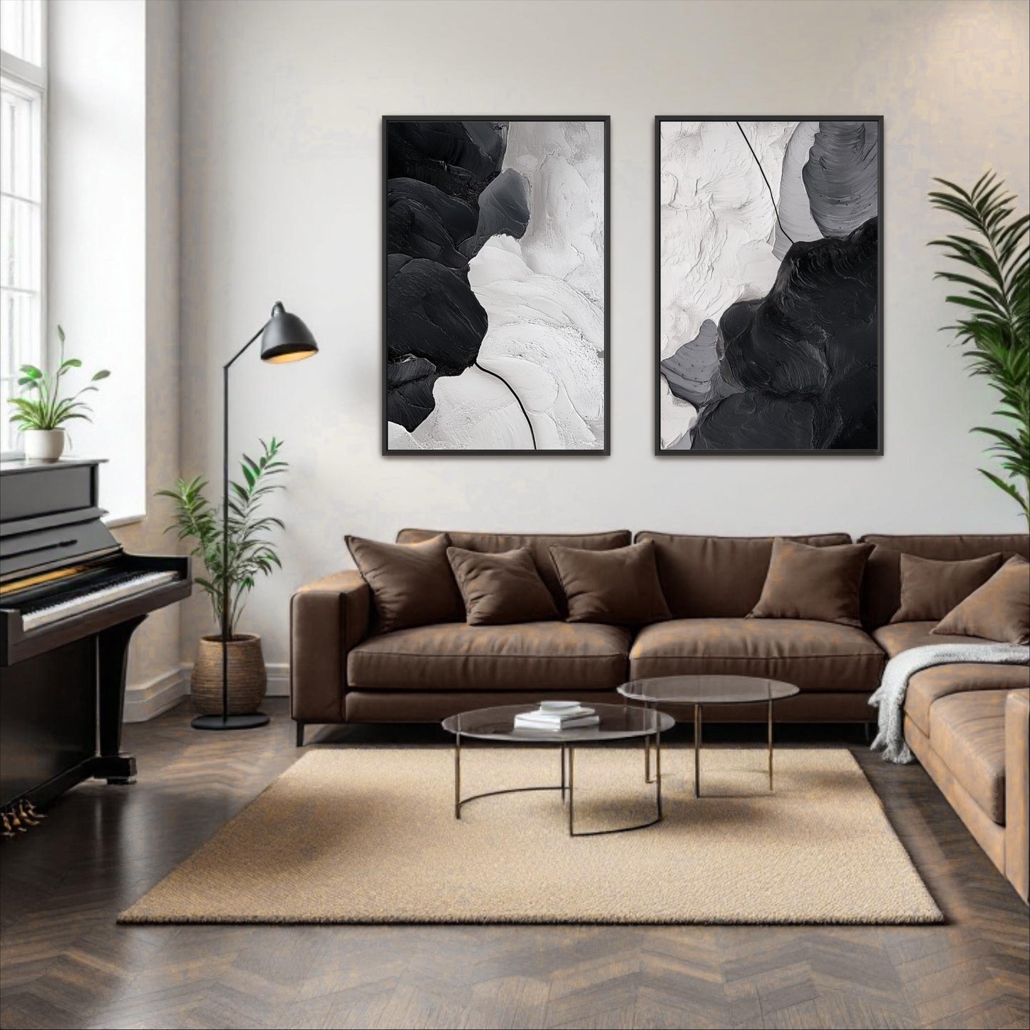a modern living room with a brown leather sofa, a glass coffee table, and two abstract paintings on the wall.