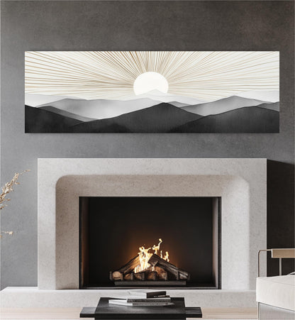 a fireplace with a fire burning inside, and a large landscape painting above it depicting a sun setting over mountains.