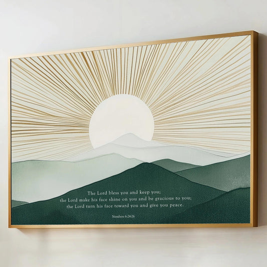 Sun Green Wall Art, The Lord Bless You Scripture Artwork, Boho Modern, Mountains Abstract Numbers Bible Verse, Christian Decor