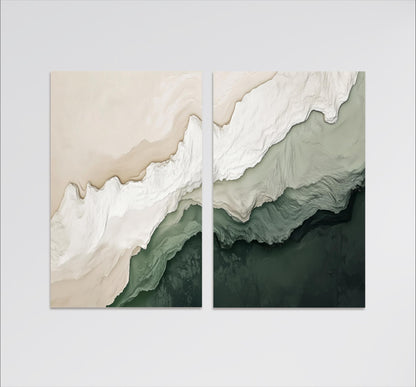 The image is a pair of abstract paintings featuring a blend of green and white colors, creating a sense of depth and movement.
