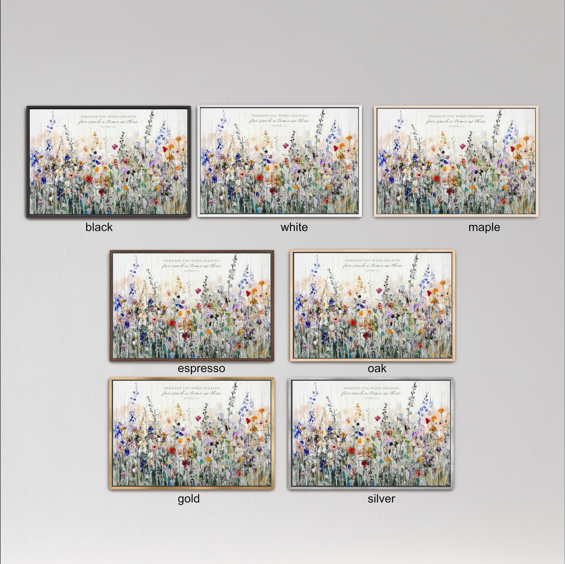 six framed artworks depicting various flower arrangements, each with a different color scheme. The artworks are arranged in a grid format, with three rows and two columns. The artworks are labeled with the color of the frame, which includes black, white, and maple frames.