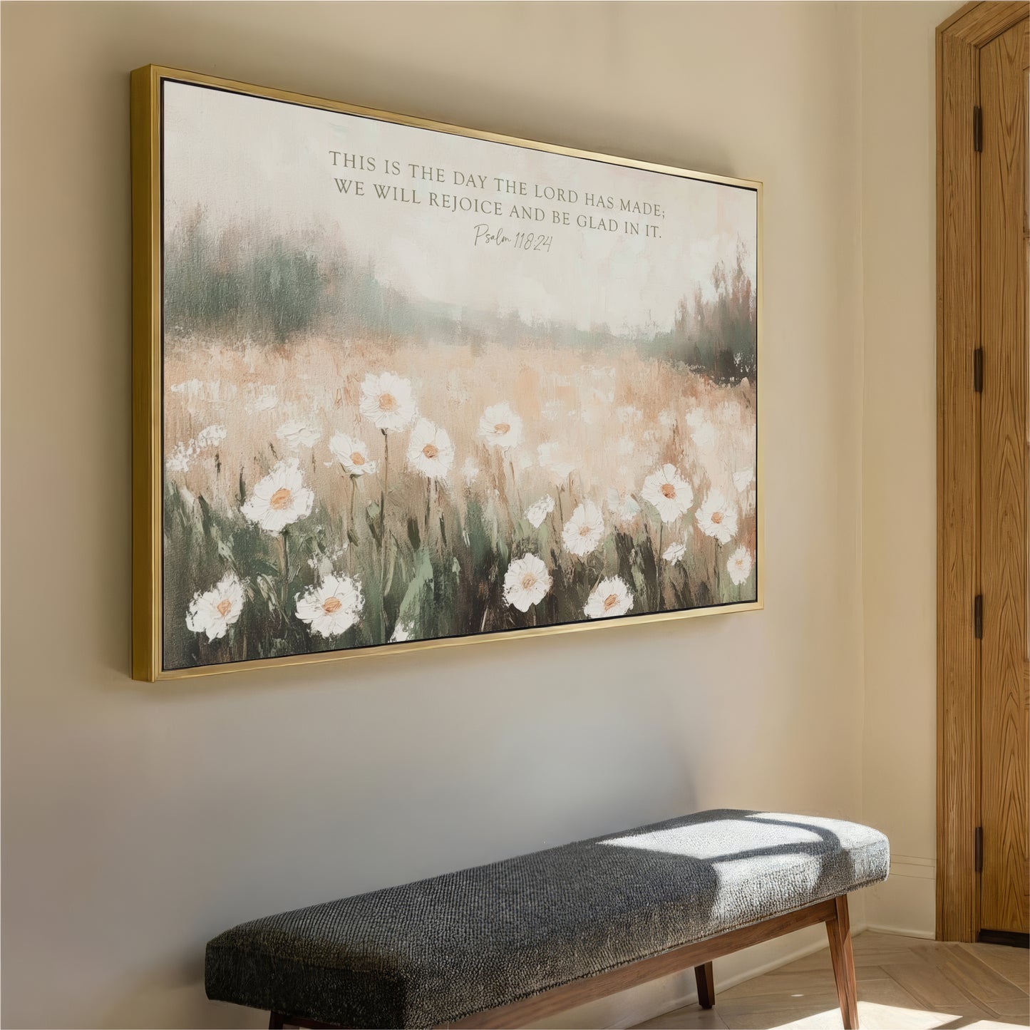 a large framed painting of a field of white flowers hanging on a wall.