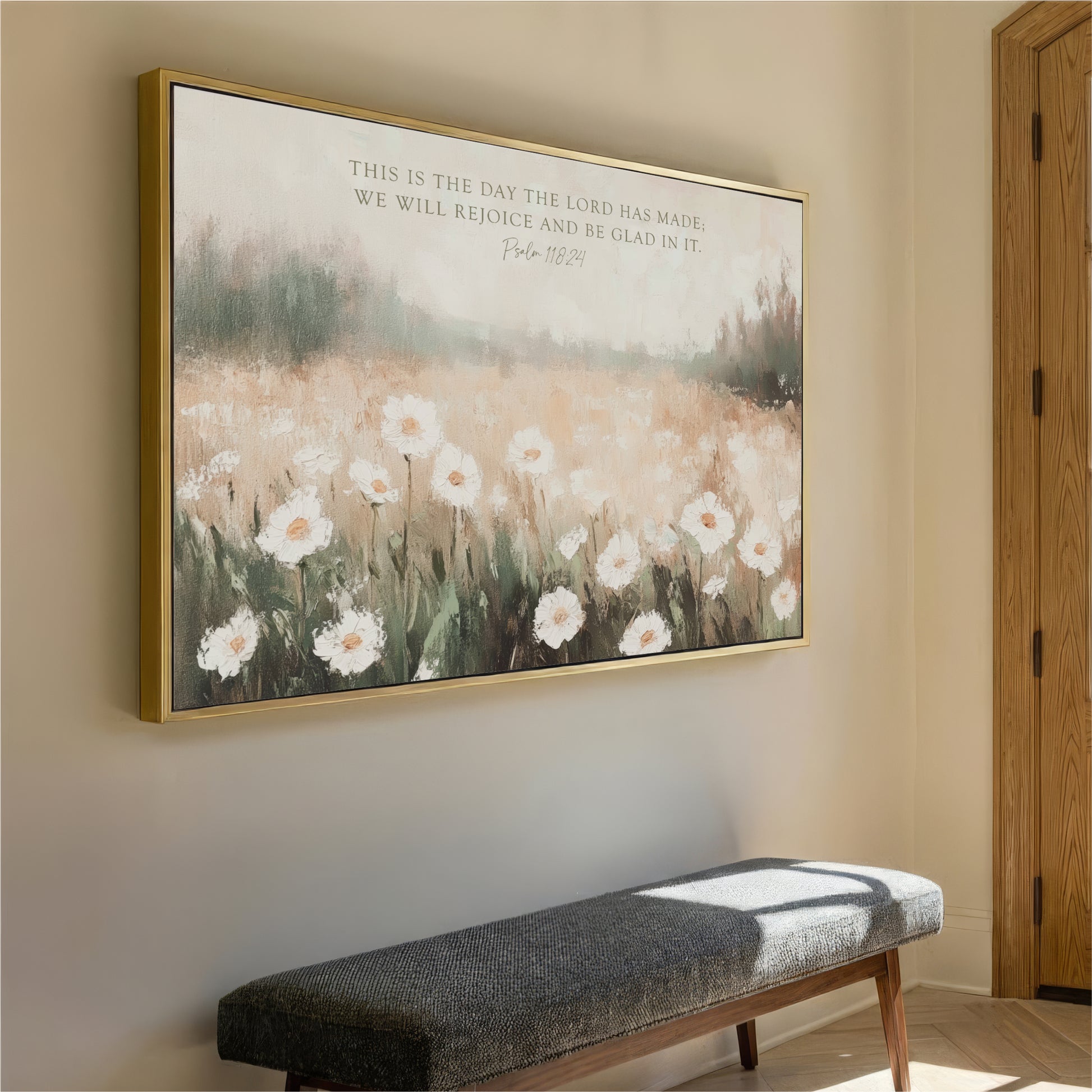 a large framed painting of a field of white flowers hanging on a wall.