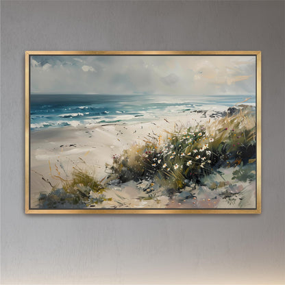 a painting of a beach with grass and flowers