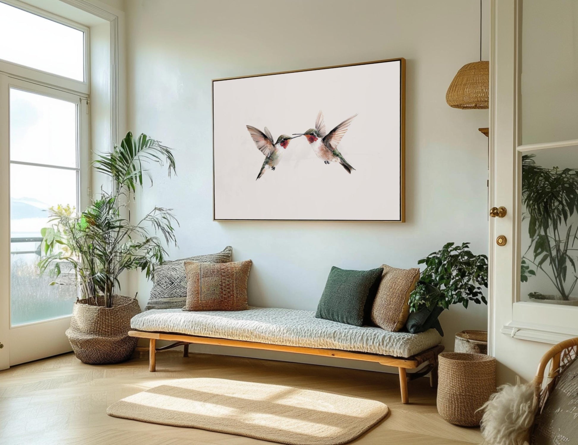 a cozy living room with a large window, a comfortable sofa, and a framed artwork of two hummingbirds on the wall.