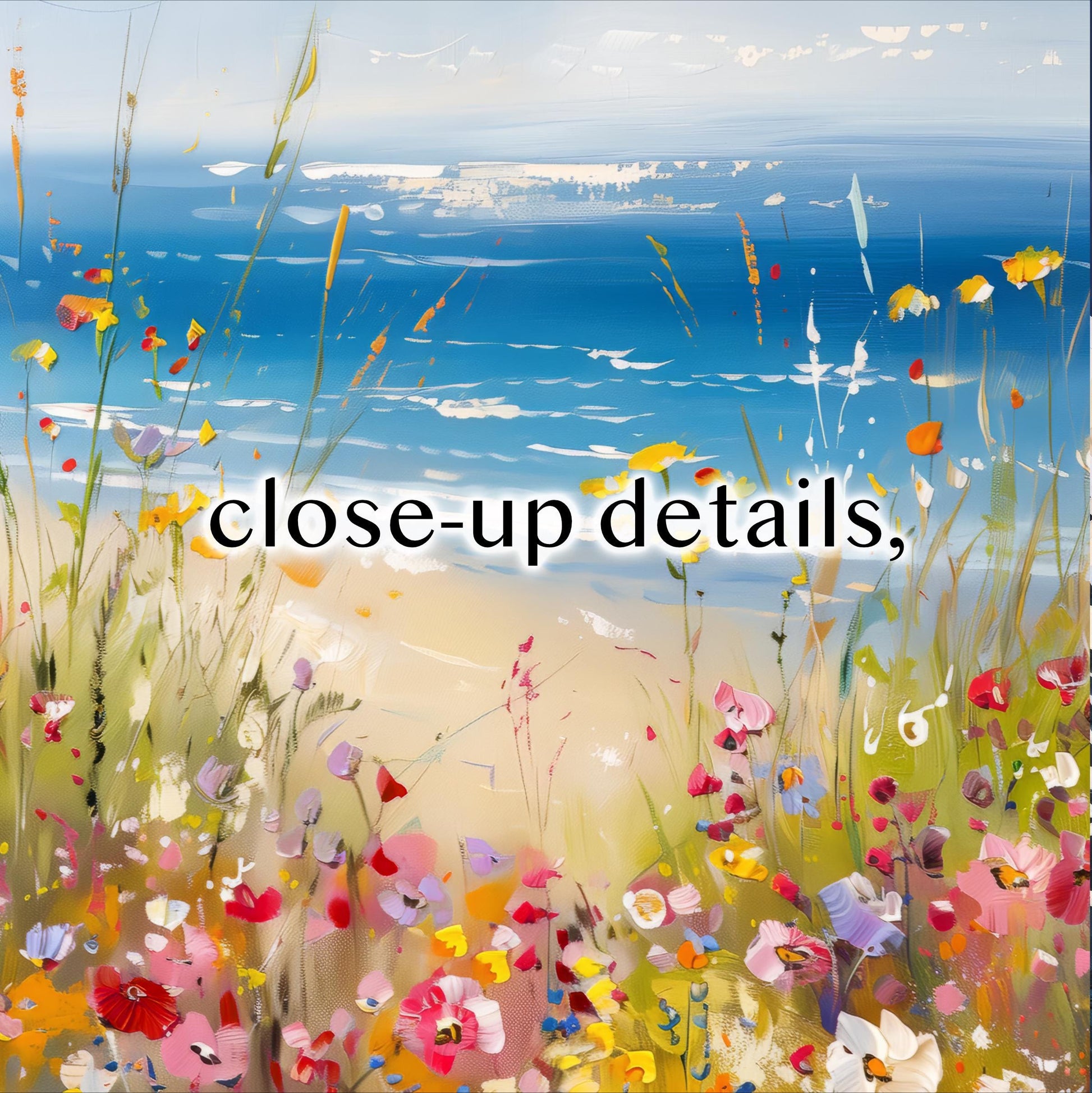 The image is a vibrant and colorful painting depicting a field of flowers with a serene ocean in the background.
