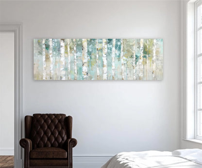 a large abstract painting of birch trees hanging on a white wall in a bedroom.