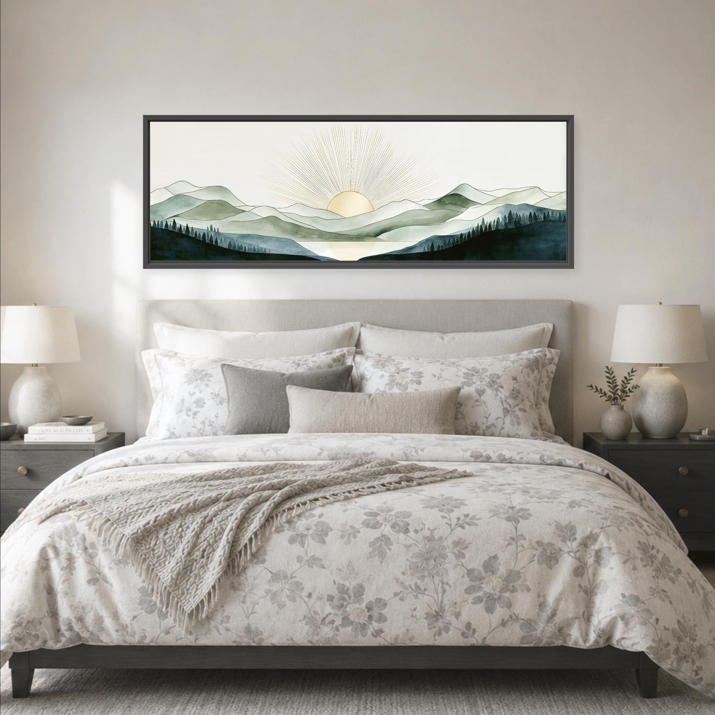 a large bedroom with a bed, nightstands, and a framed landscape painting hanging above the bed.