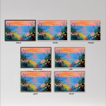 six framed paintings of a sunset landscape, each with a different color palette and style. The paintings are arranged in a grid format, with each row representing a different color and style. The paintings are labeled with the color and style of each one, providing a visual guide for viewers to compare and appreciate the differences in the artwork.