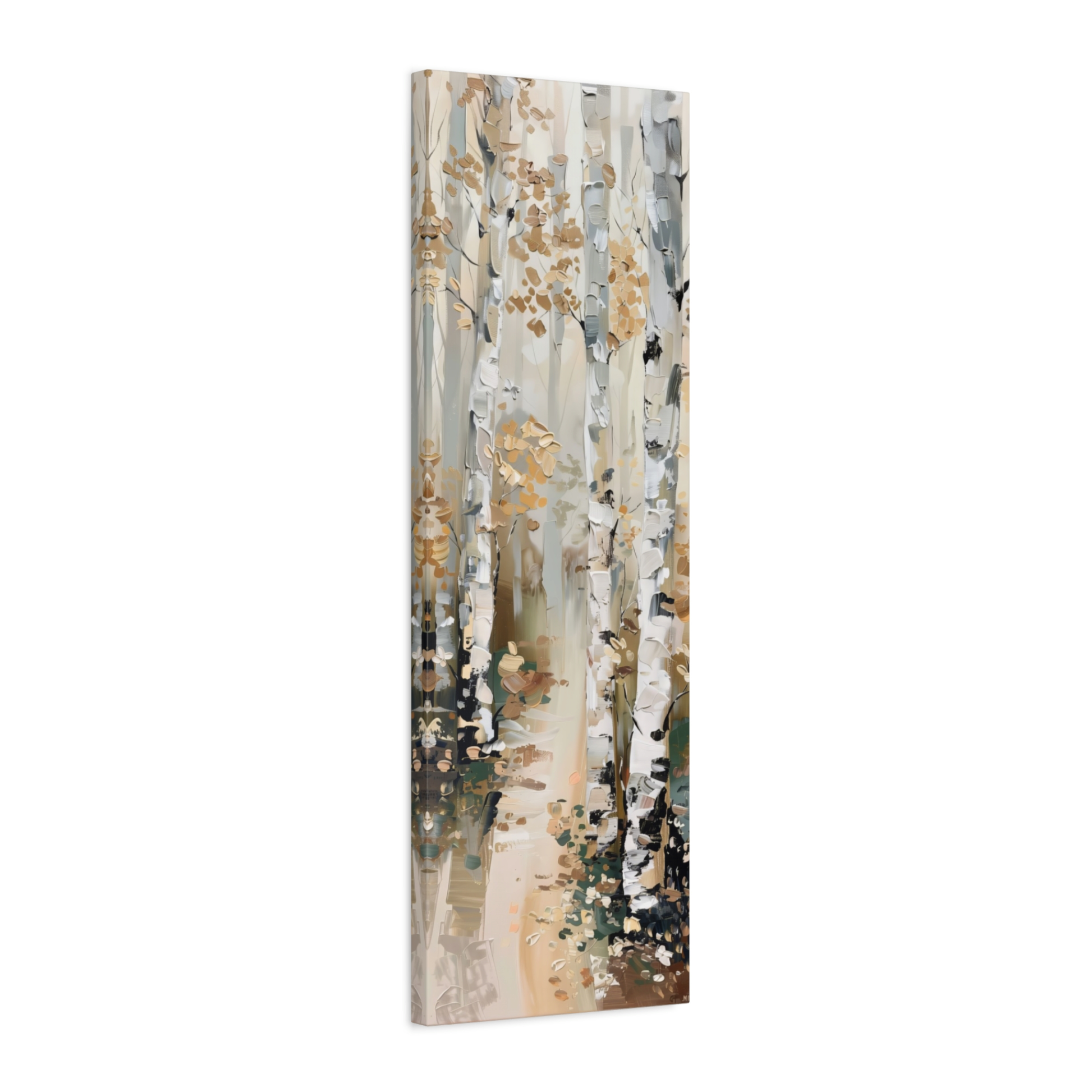 The image is a painting depicting a forest scene with tall trees and a path leading through the woods.