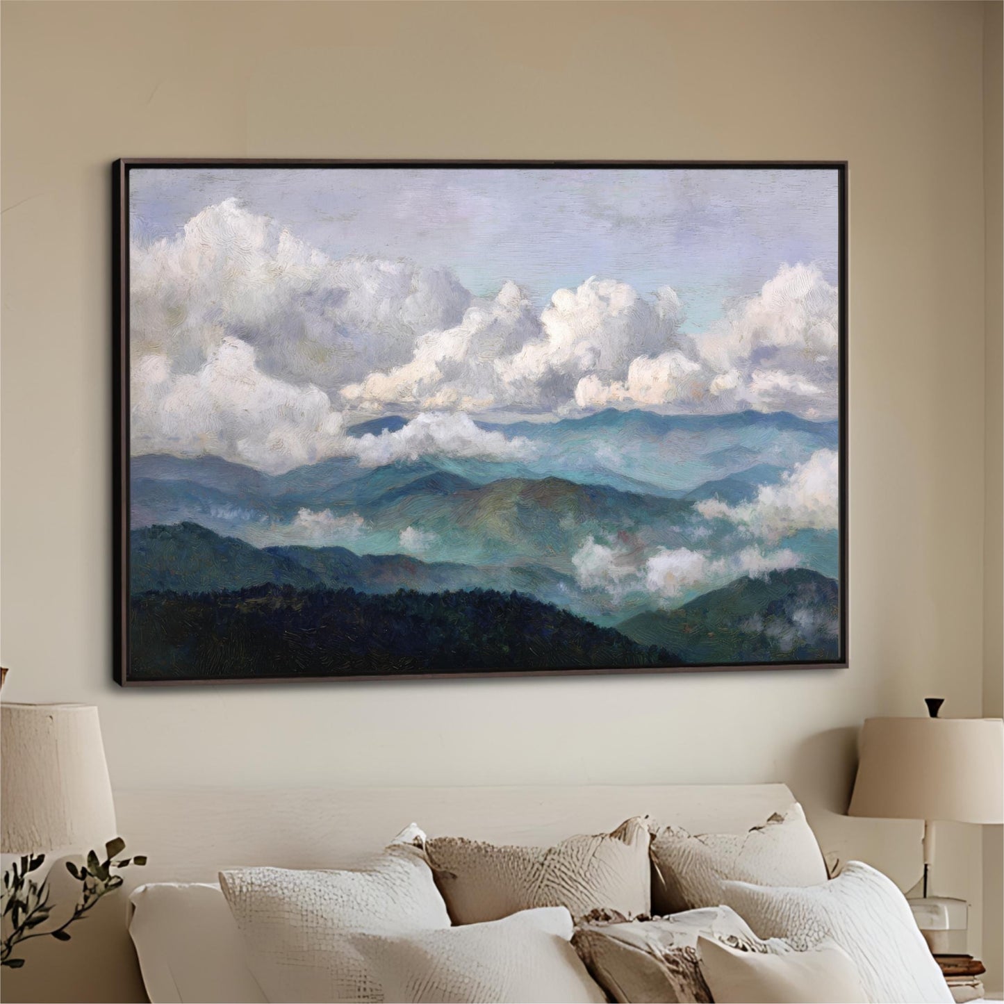 a large painting of a mountainous landscape with clouds hanging over the mountains.