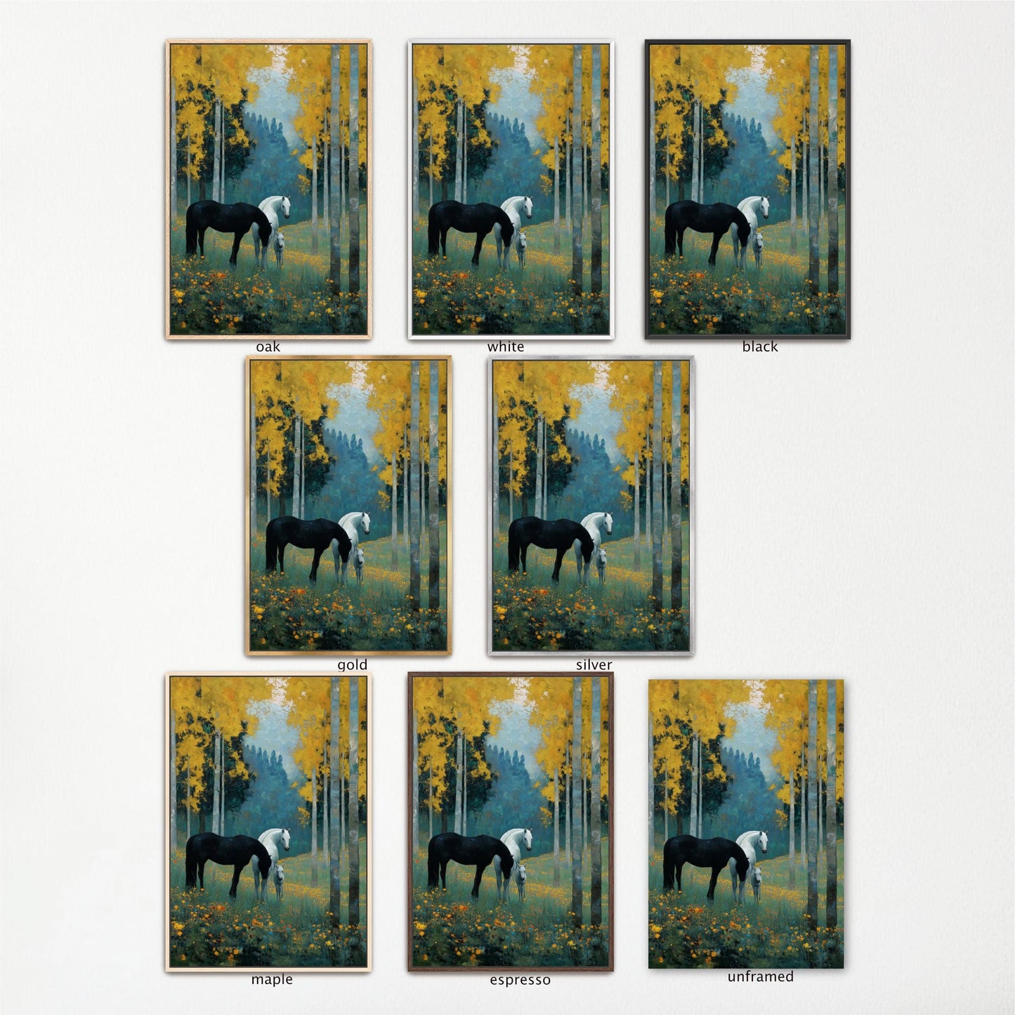 The image is a collage of nine framed paintings depicting horses in various settings, including a forest with yellow trees and a grassy field.