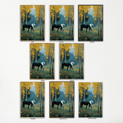 The image is a collage of nine framed paintings depicting horses in various settings, including a forest with yellow trees and a grassy field.
