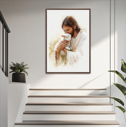 a framed painting of Jesus hugging a lamb, hanging on a wall above a set of stairs.