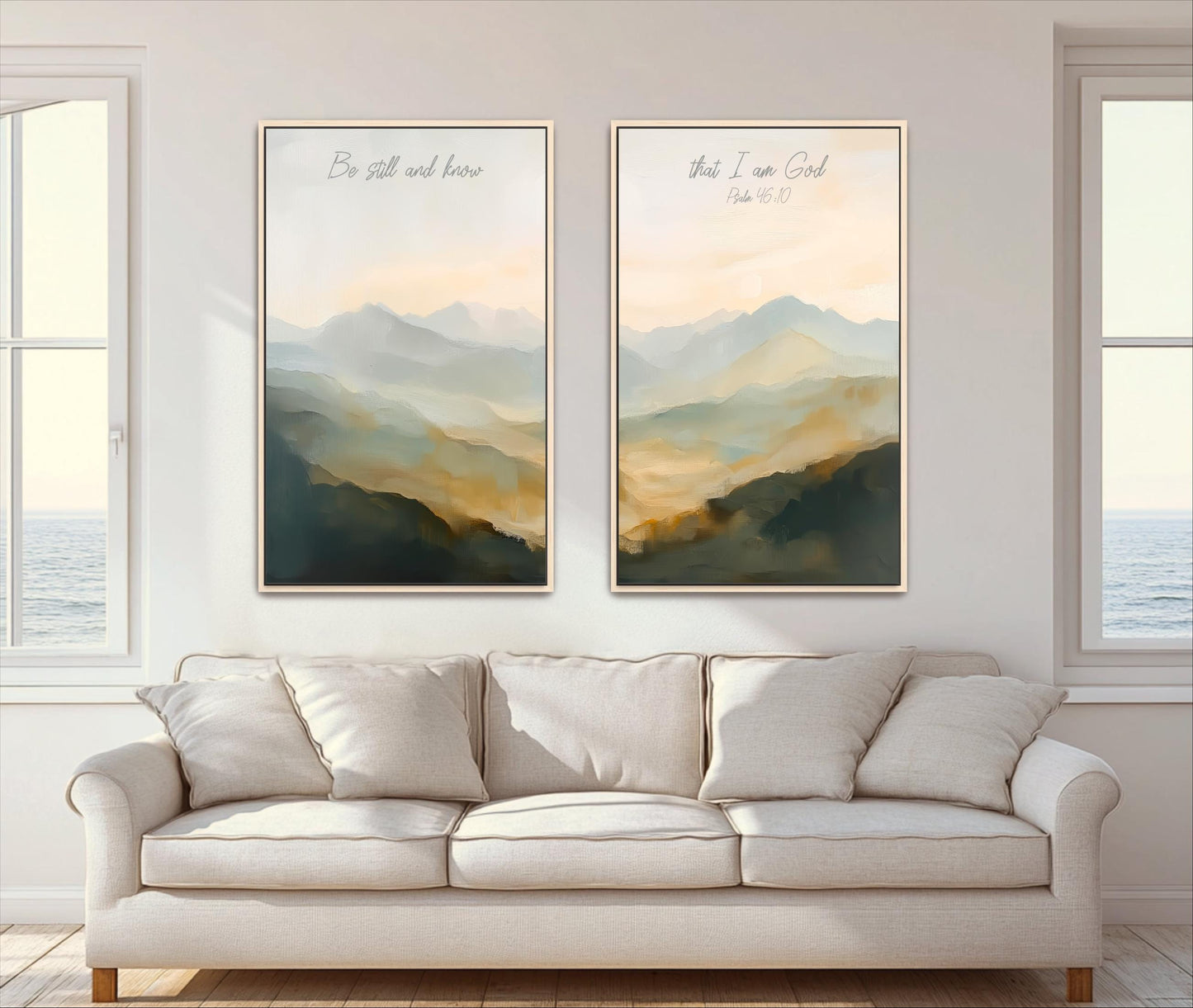 two framed paintings hanging on a wall, depicting a serene landscape with mountains and a body of water.