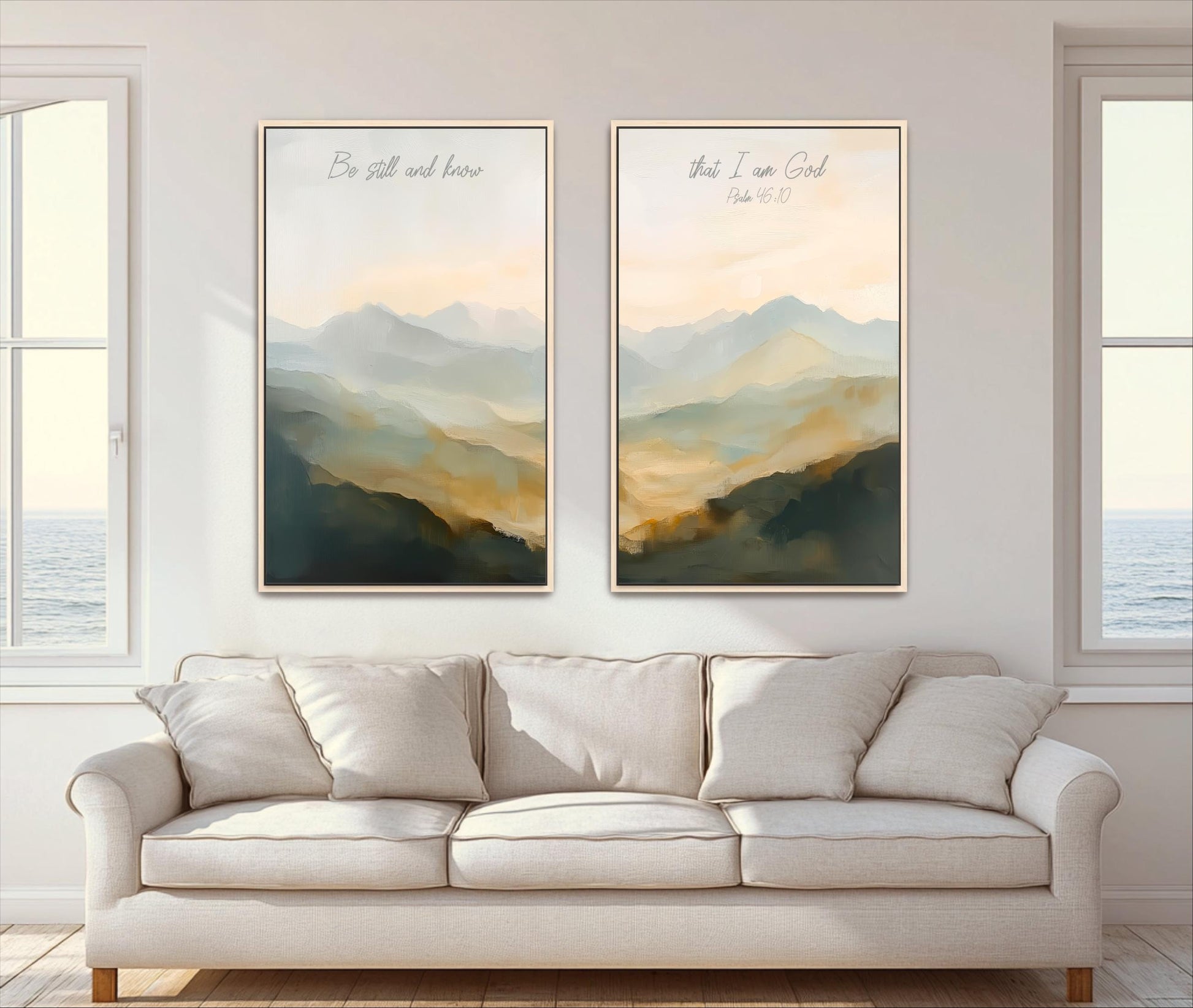 two framed paintings hanging on a wall, depicting a serene landscape with mountains and a body of water.