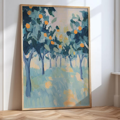 The image is a large painting depicting a vibrant scene of trees with orange fruits, set against a bright blue and green background.