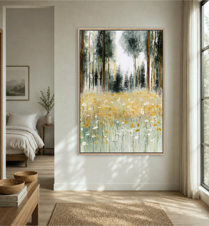 a large painting of a field with yellow flowers hanging on a wall in a room with a bed, a nightstand, and a window.