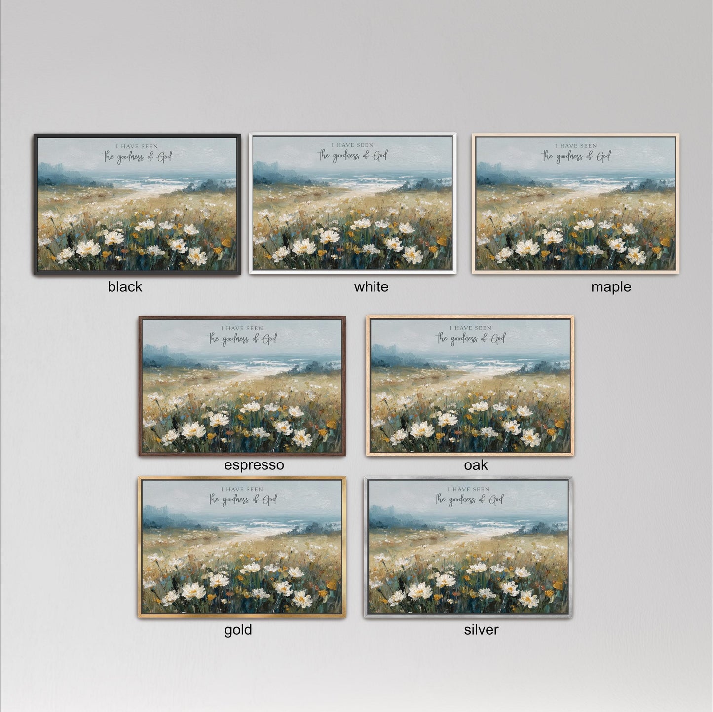 six different framed pictures of a field of flowers, each with a different color and frame style.
