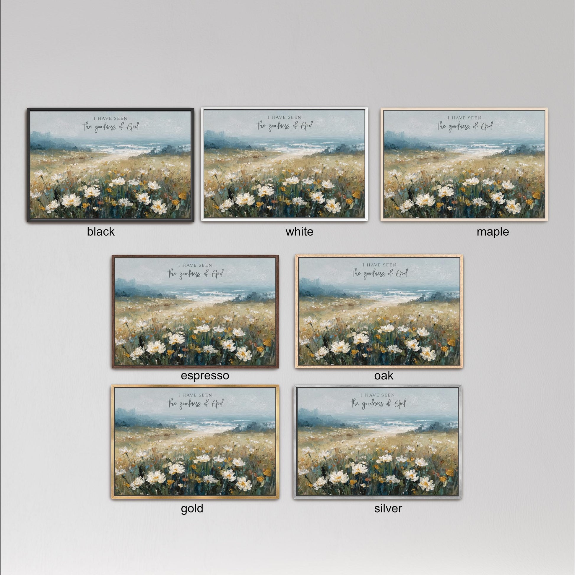 six different framed pictures of a field of flowers, each with a different color and frame style.
