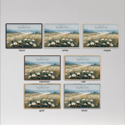 six different framed pictures of a field of flowers, each with a different color and frame style.