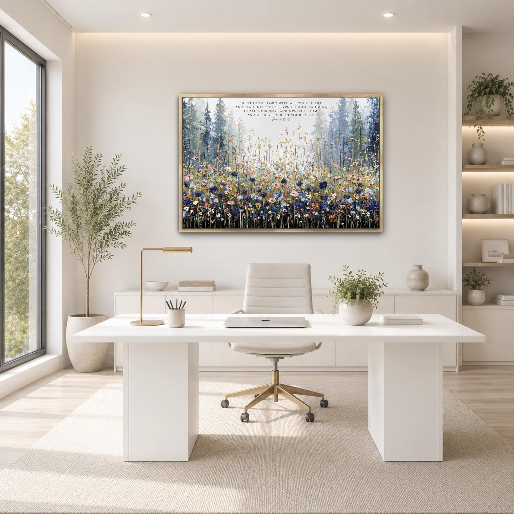 a modern, minimalist office space with a large window, a white desk, a white chair, and a framed painting of a field of flowers on the wall.