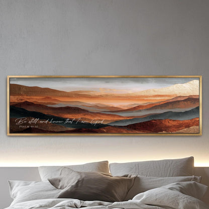 Scripture Artwork, Be Still And Know That I Am God, Psalm 46:10 Orange, Copper, Rust Mountains Landscape Framed Art Canvas Print