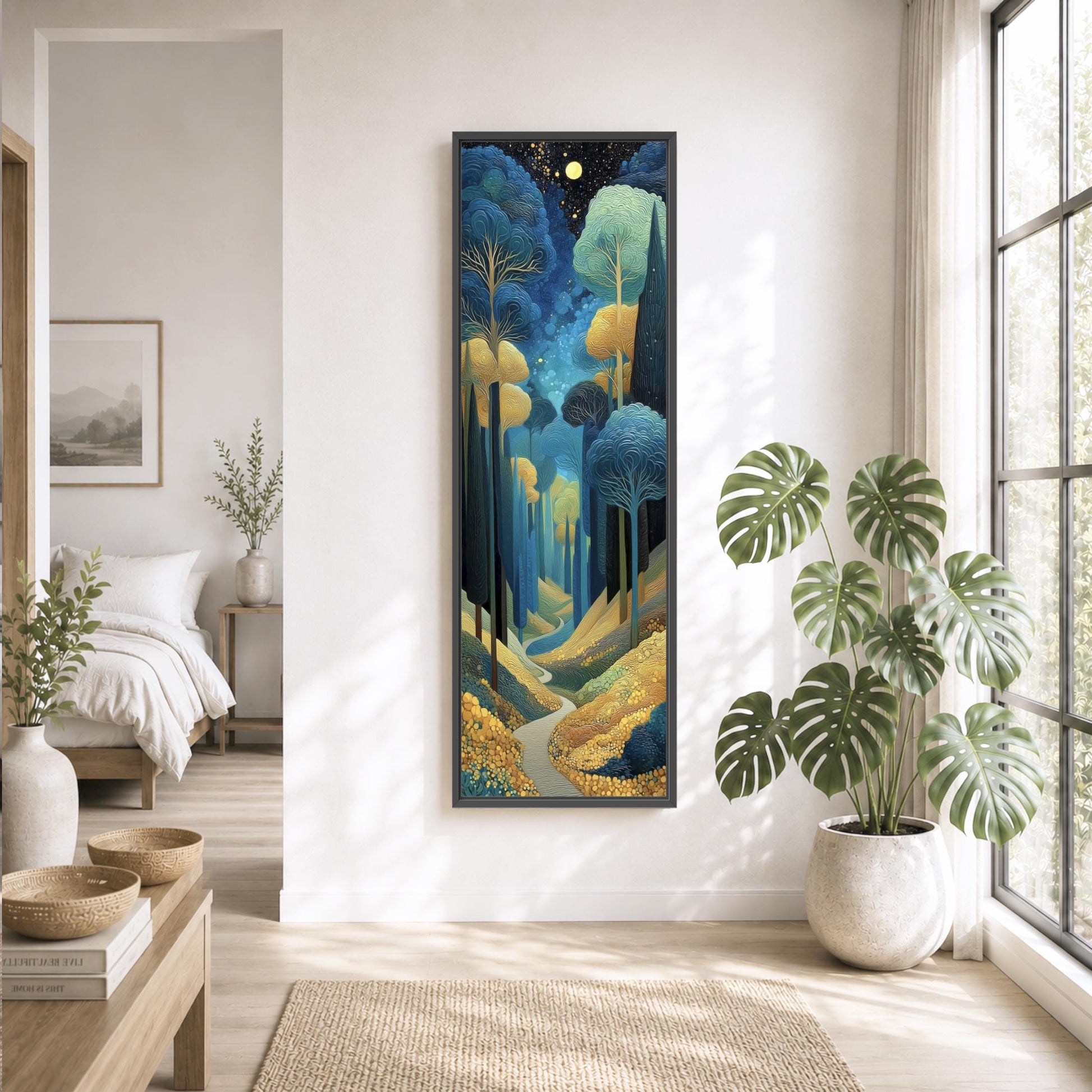 Full Moon Park at Night Botanical Framed Art painting effect, Colorful Gustav Klimt Inspired Cottagecore Canvas Print Large Artwork Vertical Portrait Trees Bring a little calm to your space with this tall woodland artwork featuring a winding path beneath a moonlit sky. Rich shades of blue and soft golden tones create a peaceful scene that feels both inviting and timeless. The vertical format makes it a great choice for narrow walls, entryways, reading nooks, bedrooms,