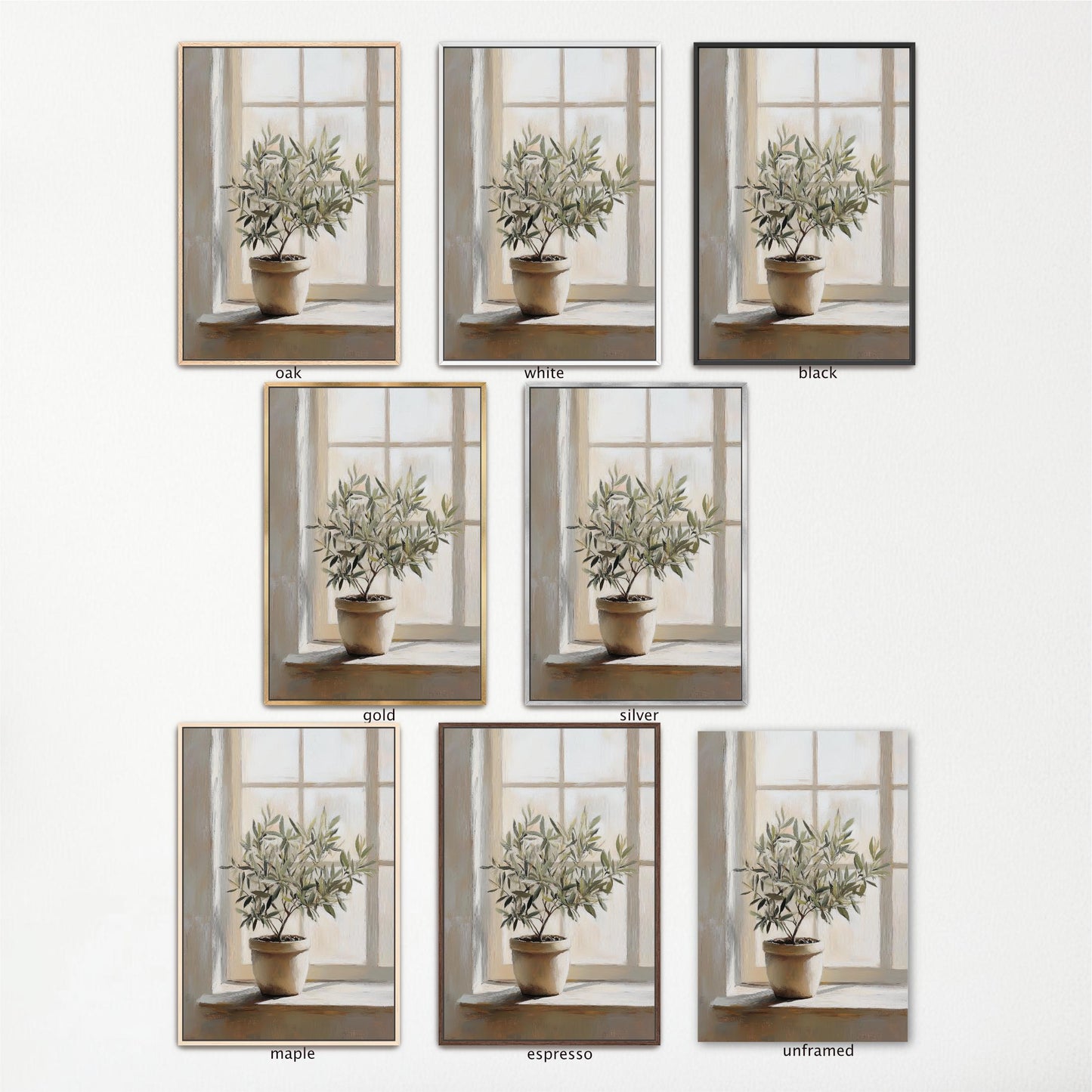 The image is a collage of seven identical images, each depicting a potted plant in a window. The images are arranged in a grid format, with each row containing three images. The potted plants are of the same type and size, and they are placed in the same window. The images are labeled with the word "black" in each frame, indicating the color of the frame. The labels are consistent across all frames, ensuring that each image is described in a clear and concise manner.