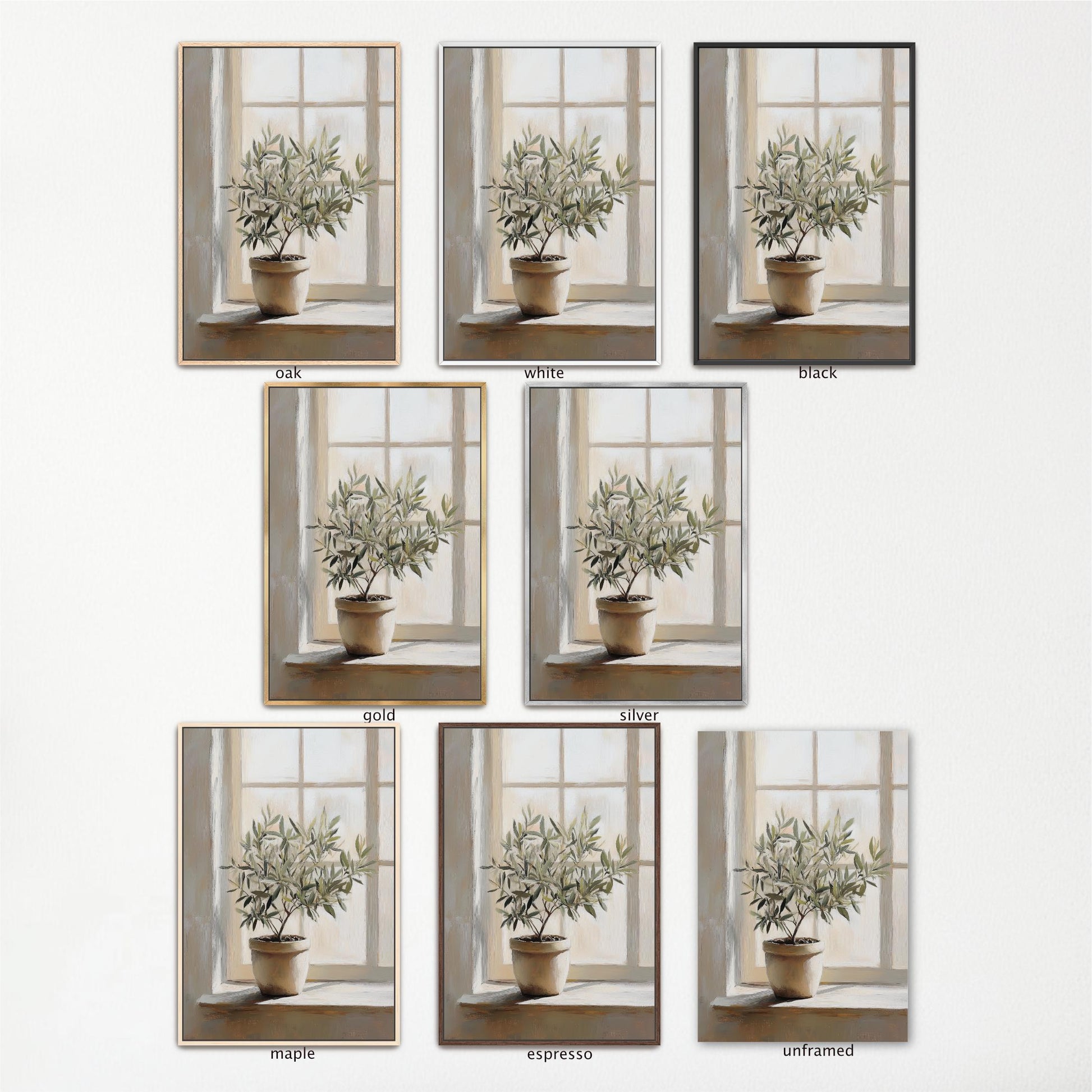 The image is a collage of seven identical images, each depicting a potted plant in a window. The images are arranged in a grid format, with each row containing three images. The potted plants are of the same type and size, and they are placed in the same window. The images are labeled with the word "black" in each frame, indicating the color of the frame. The labels are consistent across all frames, ensuring that each image is described in a clear and concise manner.