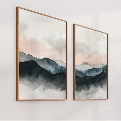 Mountain Abstract Art, Neutral Minimalist Modern Set 2 Wall Decor Large Artwork For Modern Split Canvas Print