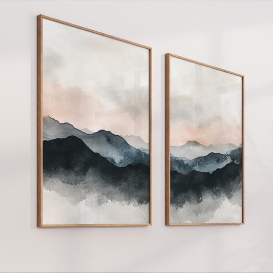 Mountain Abstract Art, Neutral Minimalist Modern Set 2 Wall Decor Large Artwork For Modern Split Canvas Print