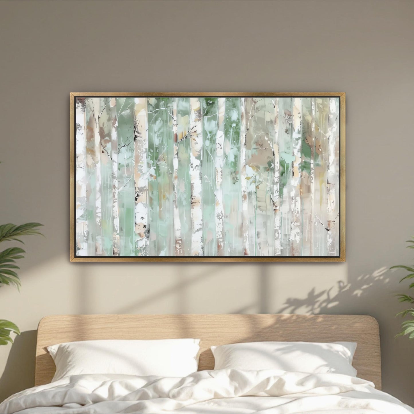 Birch Trees Abstract Landscape Framed Art, Sage Green Beige, Aspens Nature, Watercolor Canvas Print Wall Art wood framed. shipped from USA