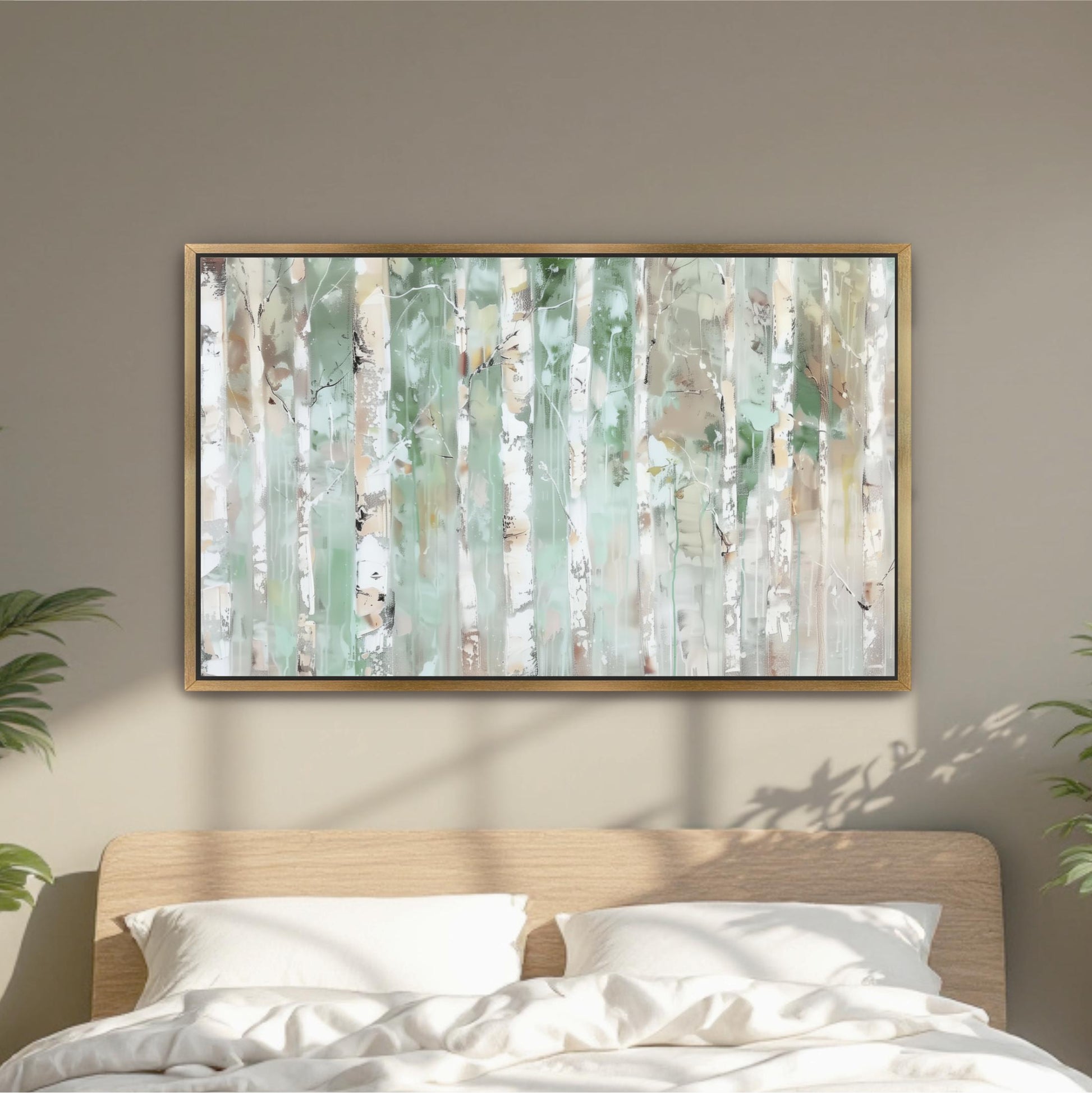 Birch Trees Abstract Landscape Framed Art, Sage Green Beige, Aspens Nature, Watercolor Canvas Print Wall Art wood framed. shipped from USA