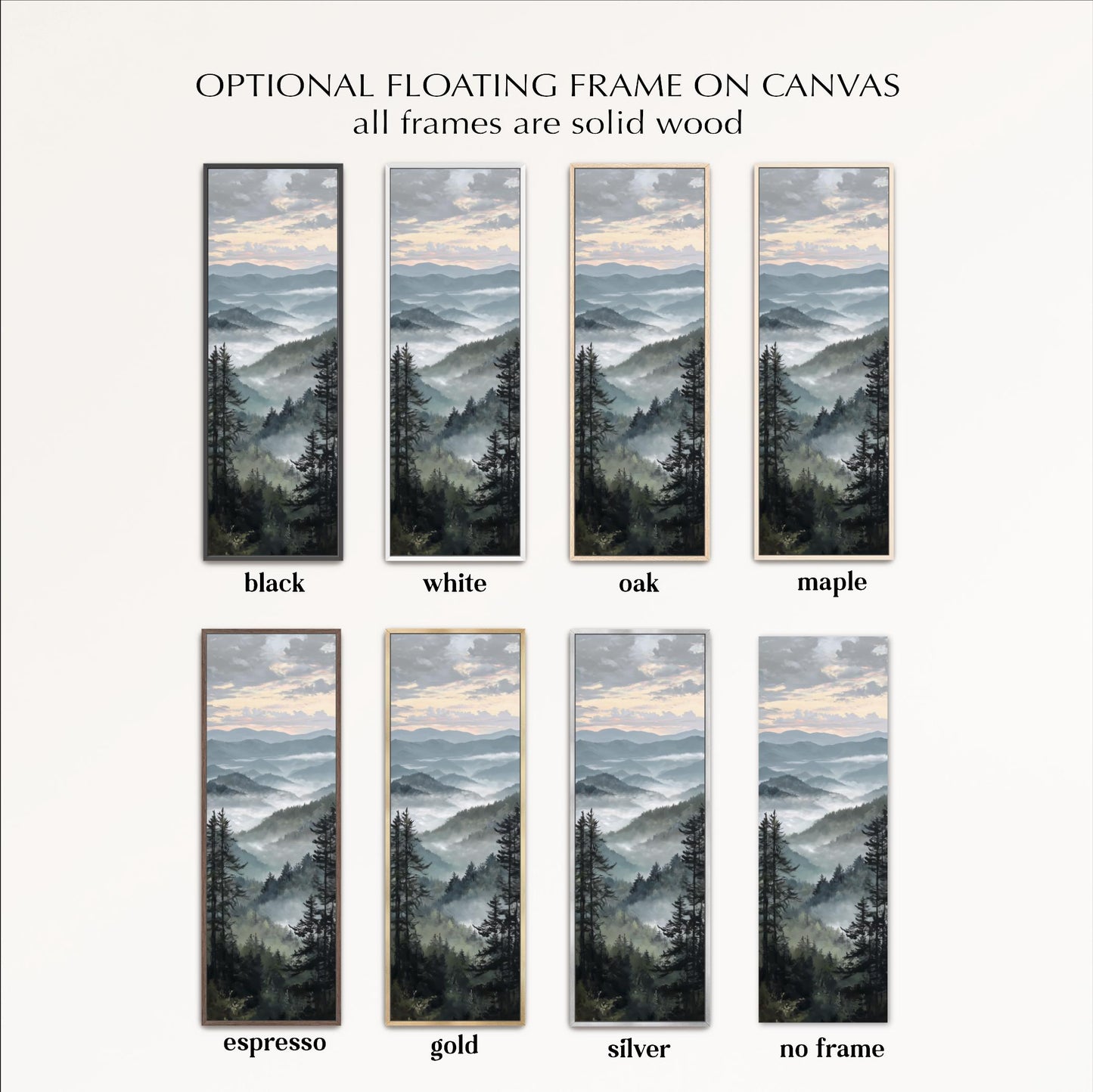 a collection of six framed landscape paintings, each with a different color and frame style, arranged in a grid format.