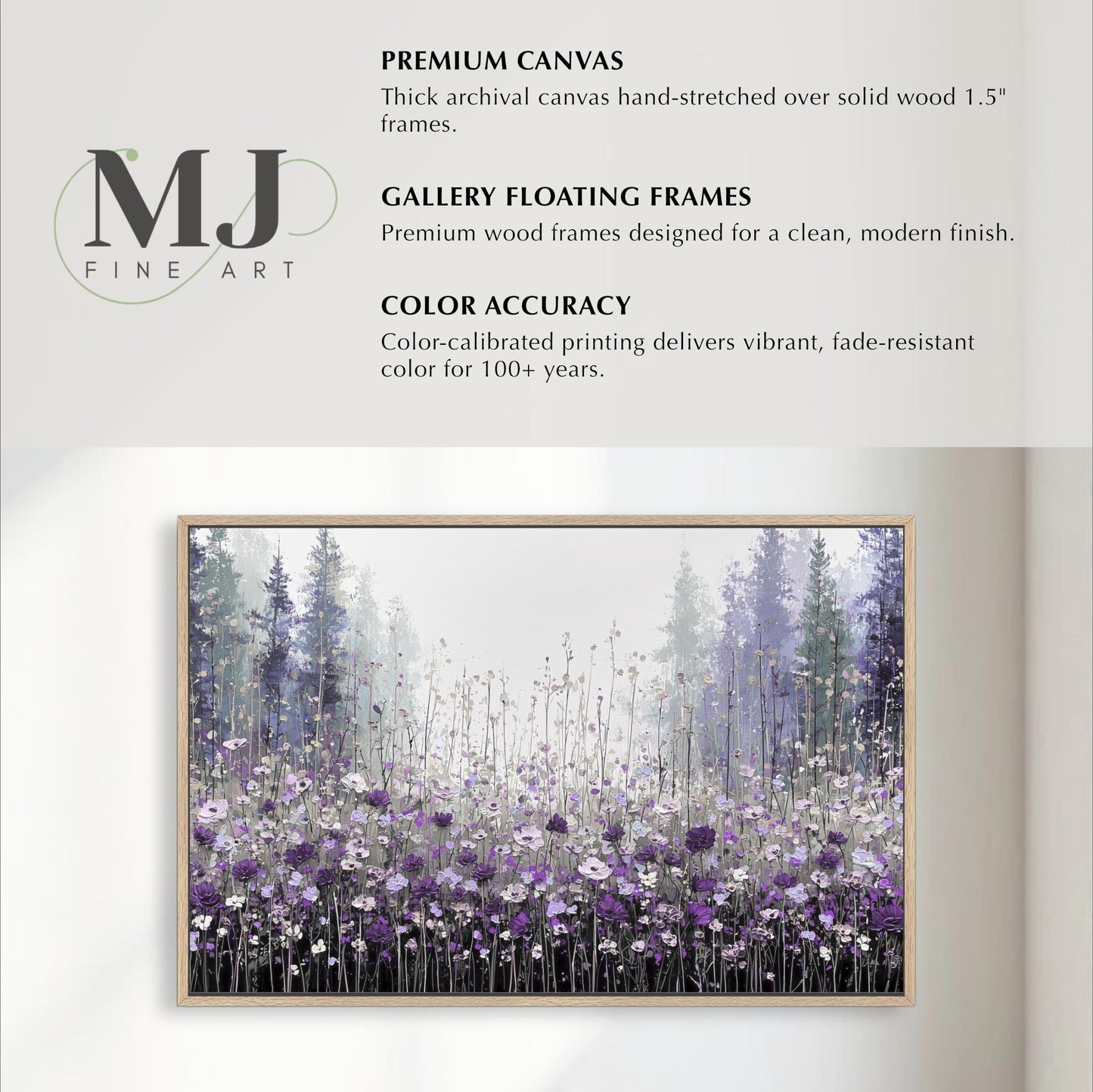 The image is a painting of a field of flowers with tall trees in the background. The painting is framed and appears to be a fine art piece.