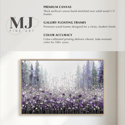 The image is a painting of a field of flowers with tall trees in the background. The painting is framed and appears to be a fine art piece.
