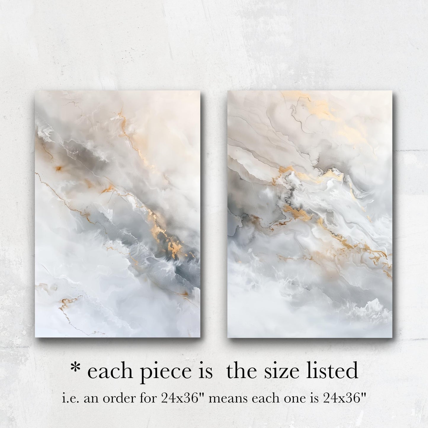 two abstract paintings with a marble-like texture, featuring a mix of white, gray, and gold colors. Each piece is the size listed, which is 24x36 inches.