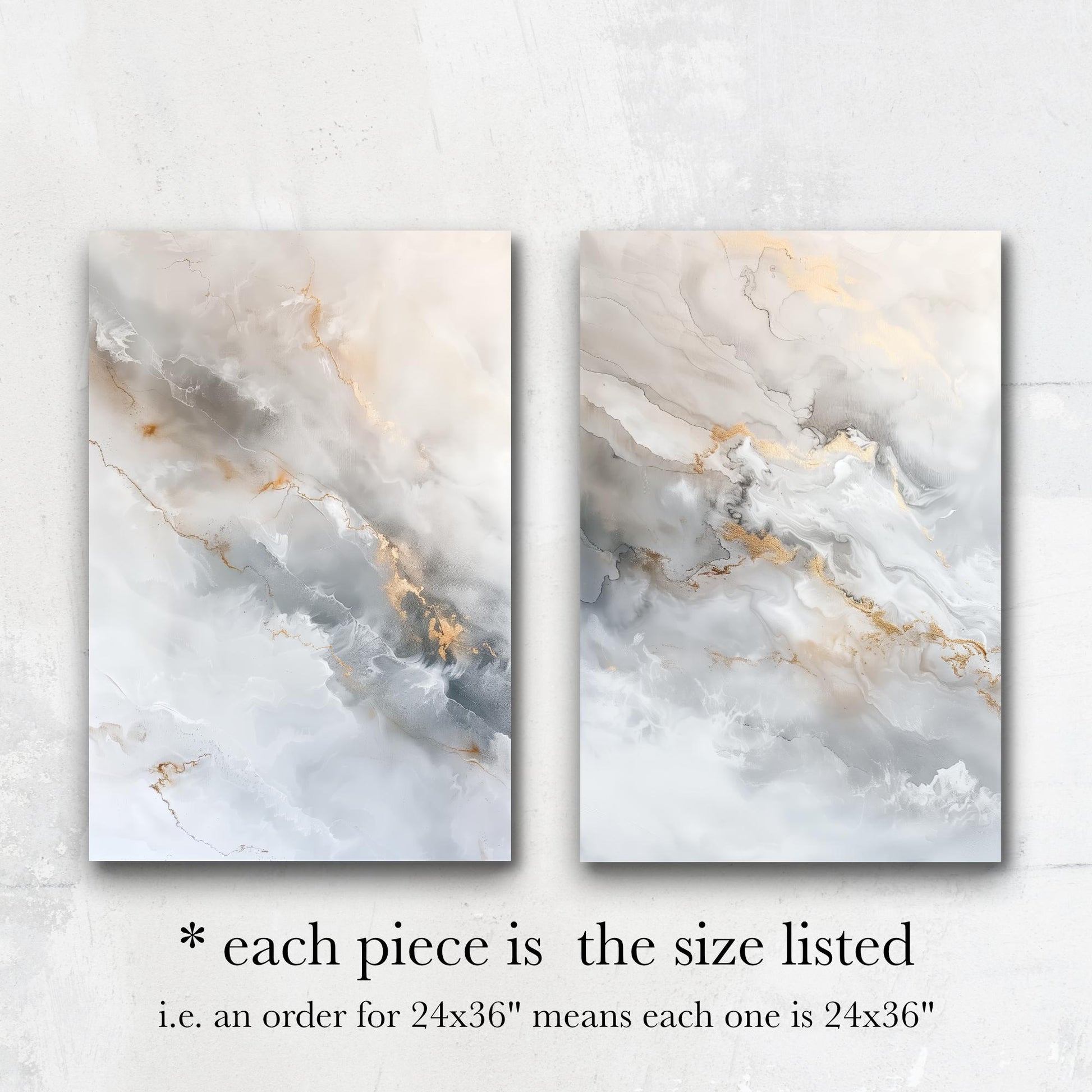 two abstract paintings with a marble-like texture, featuring a mix of white, gray, and gold colors. Each piece is the size listed, which is 24x36 inches.