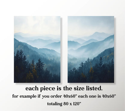 a serene mountain landscape with dense forests and misty peaks.